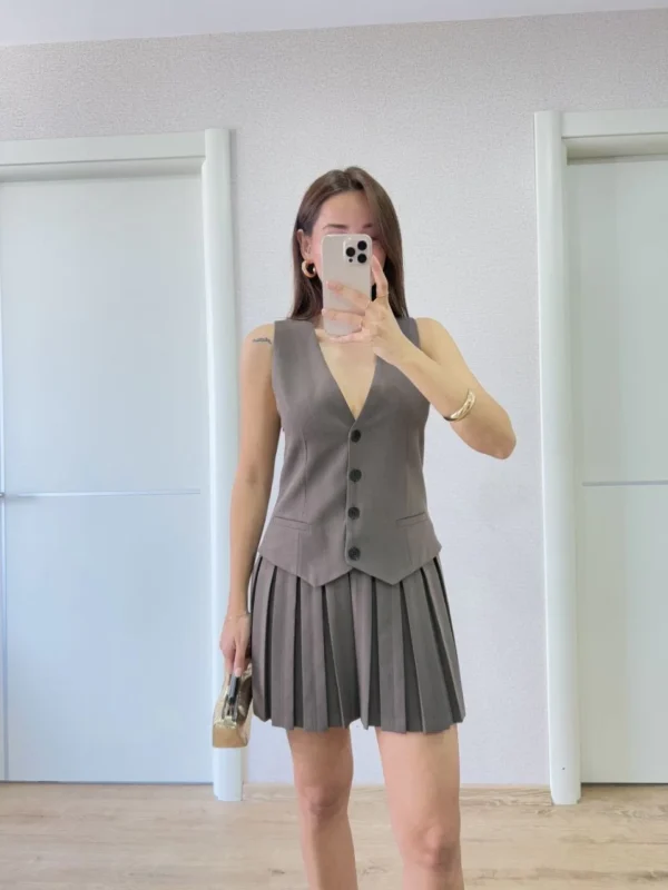 Keten Takım Görünümlü Düğme Detaylı Yelekli Mini Elbise - Füme - Görsel 2