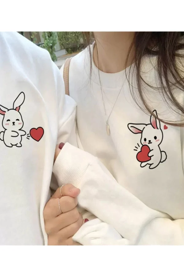 Tavşan Baskılı Sevgili Çift Kombini Kapüşonlu Sweatshirt & Hodie - Beyaz - Görsel 2