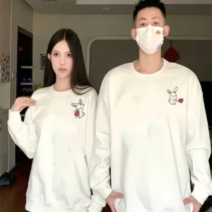Tavşan Baskılı Sevgili Çift Kombini Kapüşonlu Sweatshirt & Hodie - Beyaz