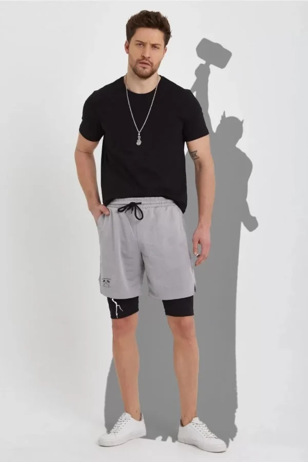 Unisex Baskılı İç Cepli Sporcu Alt Taytlı Şort - Gri - Görsel 2