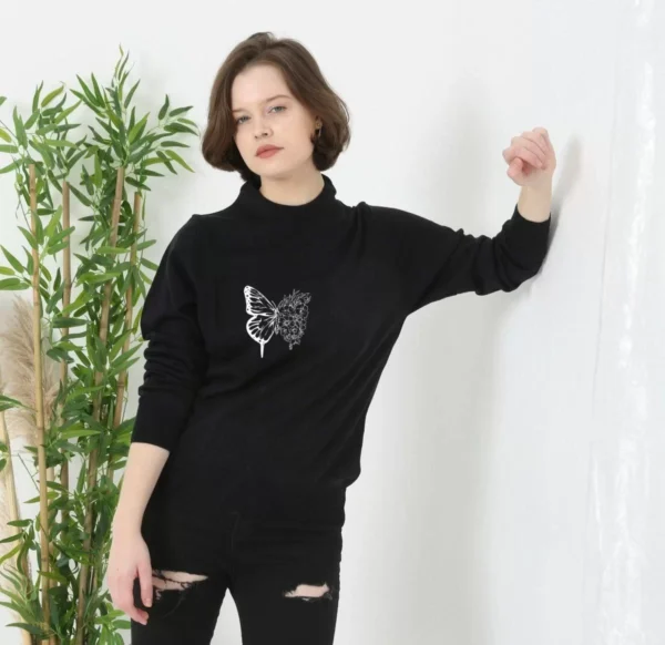 Unisex Bisiklet Yaka Baskılı Dokuma Triko - Siyah - Görsel 2