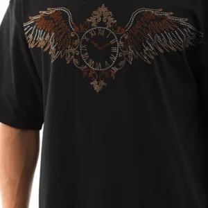 Unisex Oversize Taşlı Bisiklet Yaka T-Shirt - Siyah
