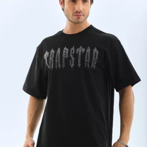 Unisex Oversize Taşlı Bisiklet Yaka T-Shirt - Siyah