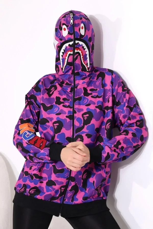 Unisex Pubg Bape x Shark Hoodie - Mor - Görsel 2
