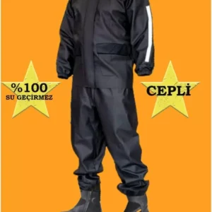 Unisex Tam Kalıp Motorcu Cepli Kurye Su Gecirmez Yağmurluk Takım - Siyah