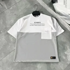 Unisex Torba Cep Detaylı  Parçalı T-Shirt - Gri