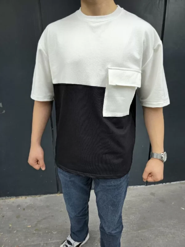 Unisex Torba Cep Detaylı Parçalı T-Shirt - Siyah - Görsel 2