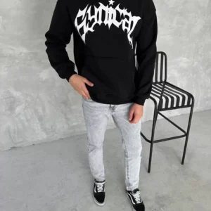 Unisex Üç İplik Kapüşonlu Baskılı SweatShirt - Siyah
