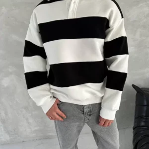 Unisex Üç İplik Parçalı Yakalı SweatShirt - Siyah