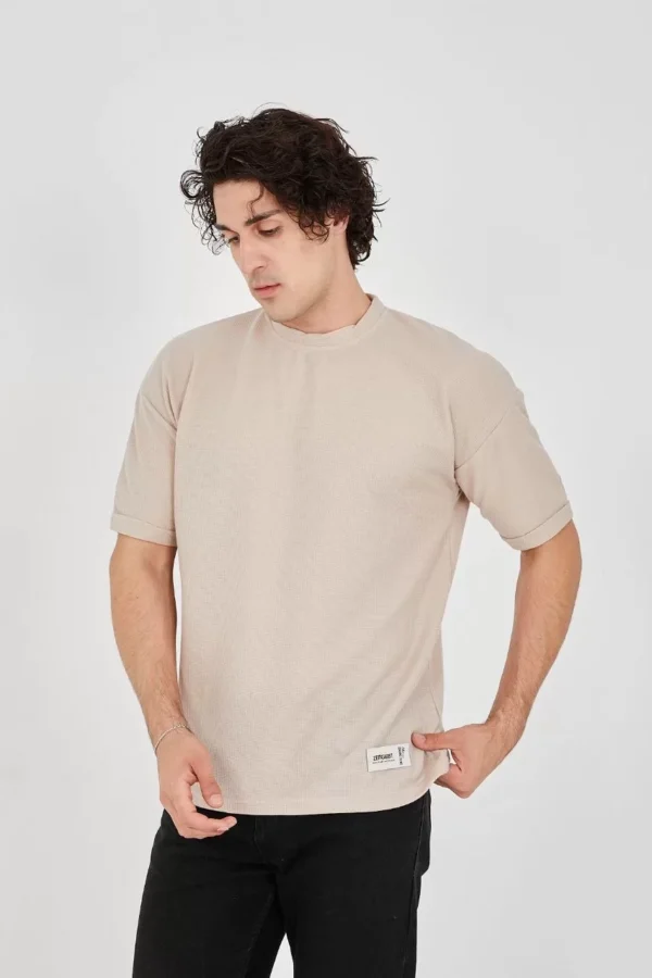 Unisex Waffle Kumaş Rahat Kol T-Shirt - Bej - Görsel 2