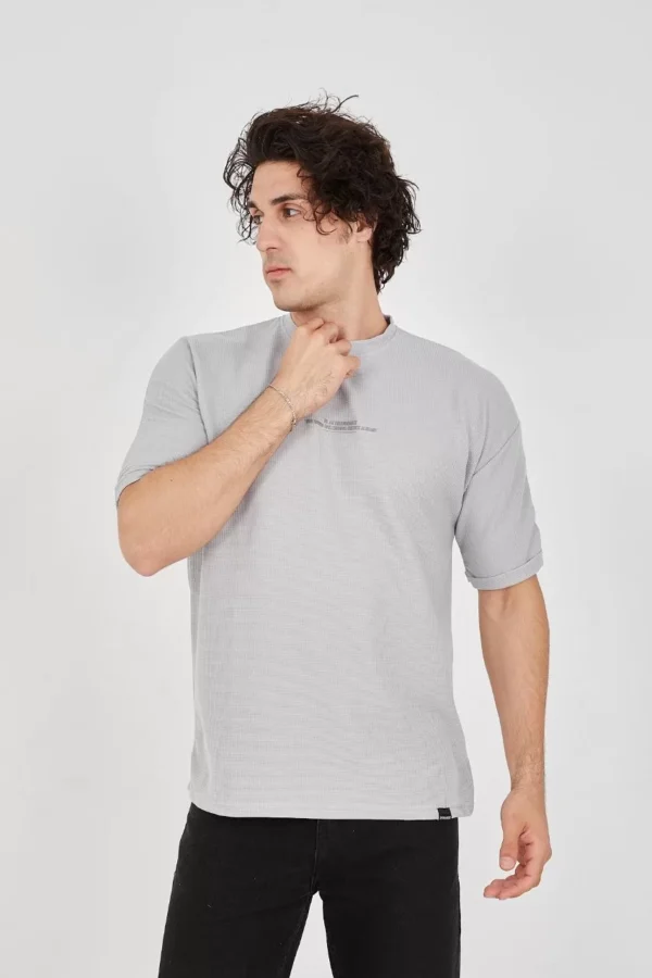 Unisex Waffle Kumaş Rahat Kol T-Shirt - Boyalı Gri - Görsel 2