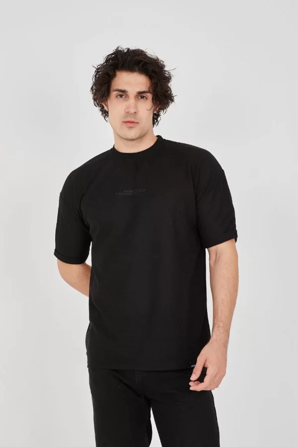 Unisex Waffle Kumaş Rahat Kol T-Shirt - Siyah - Görsel 2