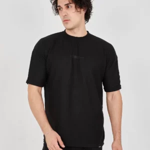 Unisex Waffle Kumaş Rahat Kol T-Shirt - Siyah