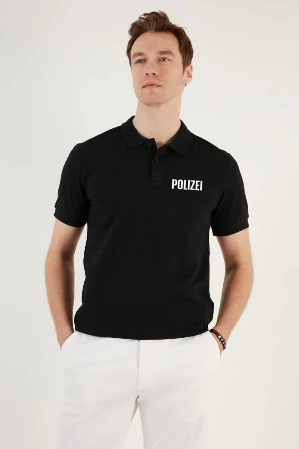 Yakası Düğmeli Yakalı Pike Baskılı T-Shirt - Siyah - Görsel 2