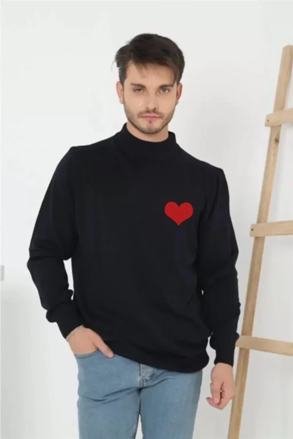 Unisex Yarım Boğazlı Baskılı Dokuma Triko - Siyah - Görsel 2