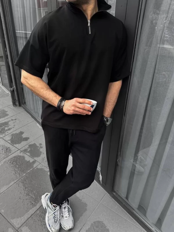 Unisex Yarım Fermuarlı Basic T-Shirt - Siyah - Görsel 2
