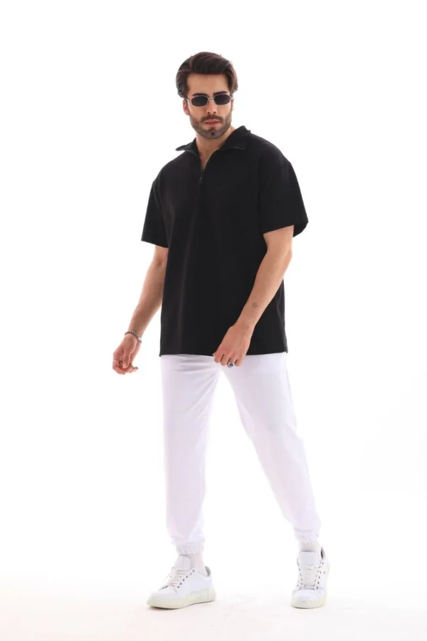 Unisex Yarım Fermuarlı Düz Oversize T-shirt - Siyah - Görsel 2