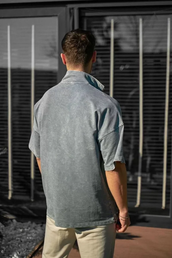 Unisex Yarım Fermuarlı Yıkamalı T-Shirt - Gri - Görsel 2