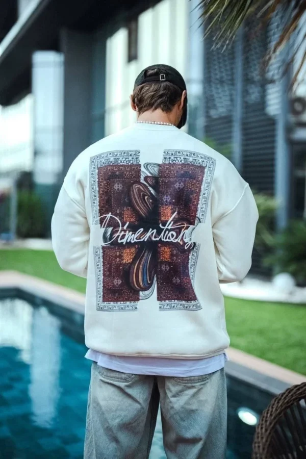 Uzun Kol Bisiklet Yaka Ön ve Arka Baskılı SweatShirt - Beyaz - Görsel 2