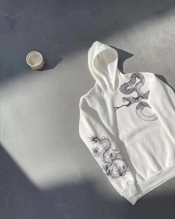 Uzun Kol Kapüşonlu Baskılı SweatShirt - Beyaz - Görsel 2