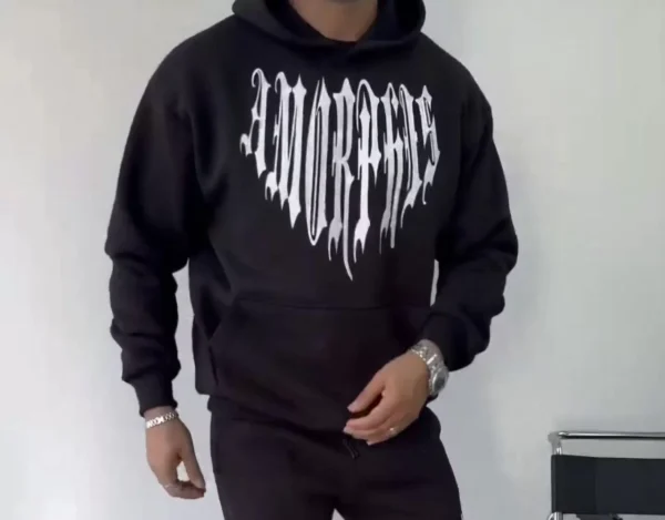 Uzun Kol Kapüşonlu Baskılı SweatShirt - Siyah - Görsel 2