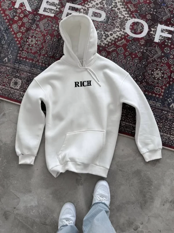 Uzun Kol Kapüşonlu Göğüs Baskılı SweatShirt - Beyaz - Görsel 2