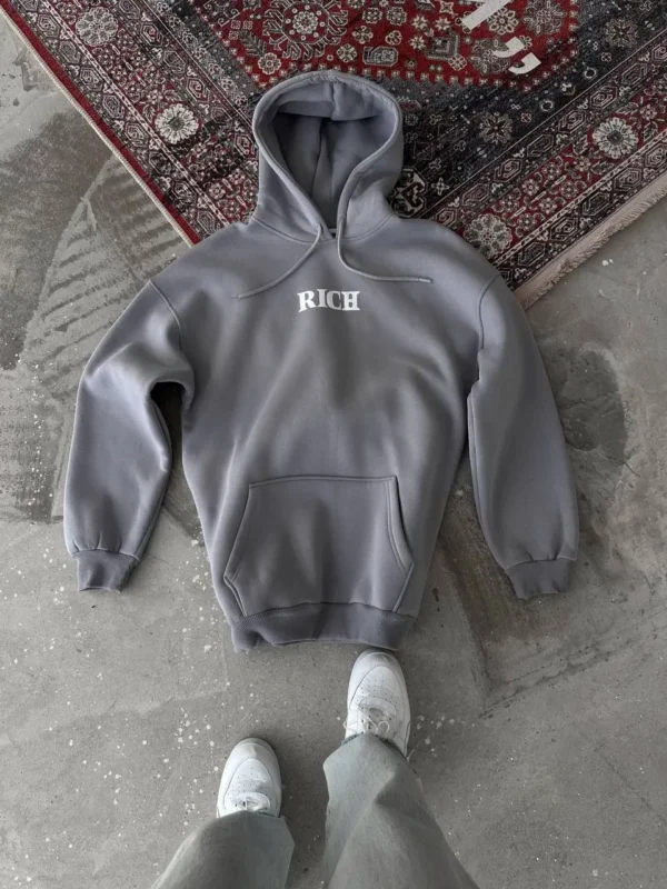 Uzun Kol Kapüşonlu Göğüs Baskılı SweatShirt - Gri - Görsel 2