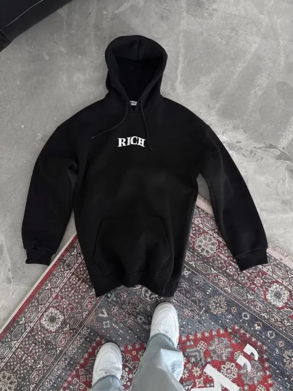 Uzun Kol Kapüşonlu Göğüs Baskılı SweatShirt - Siyah - Görsel 2