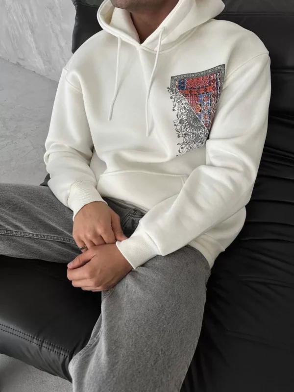 Uzun Kol Kapüşonlu Ön Ve Arka Baskılı SweatShirt - Beyaz - Görsel 2