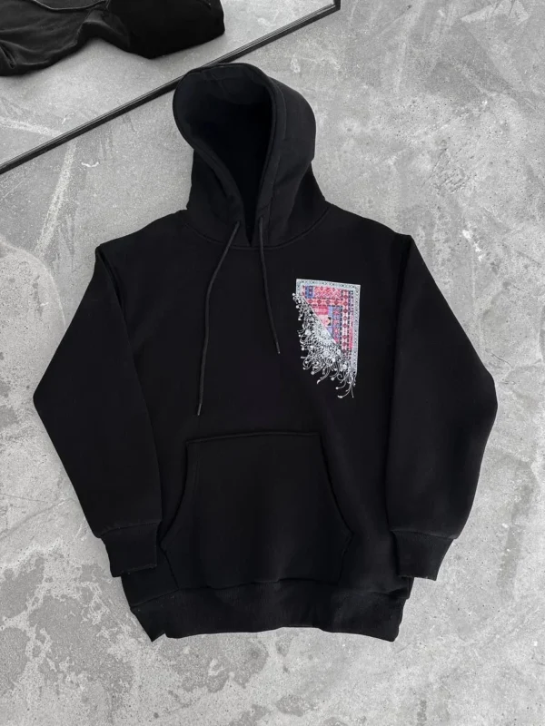Uzun Kol Kapüşonlu Ön Ve Arka Baskılı SweatShirt - Siyah - Görsel 2