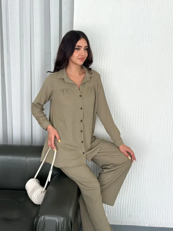 Yakalı Düğmeli Uzun Kollu Gömlek Pantolon ikili Takım - Bej - Görsel 2