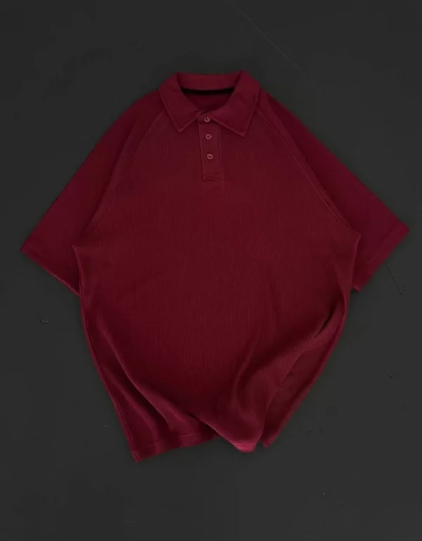 Yakalı Patlı Kısa Kol T-shirt - Bordo - Görsel 2